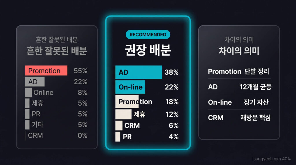 병원 마케팅 카테고리별 권장 배분, AD 38퍼센트 On-line 22퍼센트 Promotion 18퍼센트 제휴 12퍼센트 CRM 6퍼센트 PR 4퍼센트