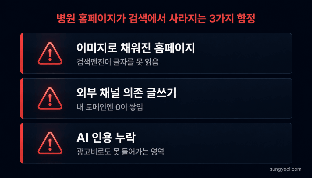 병원 홈페이지 제작, 이제는 SEO·AEO·E-E-A-T가 본질입니다 - 안성열 | 마케팅 · 사업화 컨설턴트 병원 홈페이지 3가지 위험 경고 카드