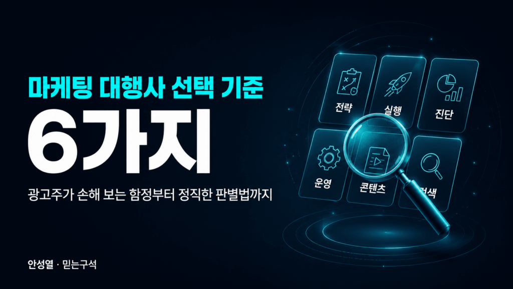 마케팅 대행사 선택 기준 6가지를 정리한 칼럼 대표 이미지. 광고주가 손해 보는 함정과 정직한 판별법 안내, 안성열 믿는구석 대표 작성.